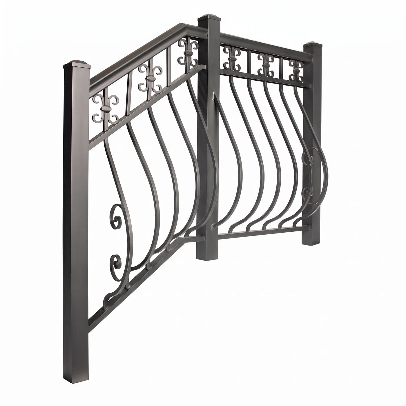 Black R1 belly-picket railing with curved pickets and C-scroll details on an exterior stair and guardrail